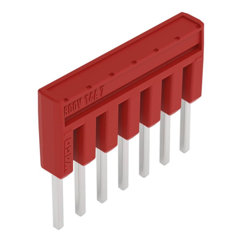 Ein roter Sechs-Pin-Doppelreihen-Gehäuse (DIP) Schalter mit Metallkontakten, der zur Einstellung elektrischer Konfigurationen auf Leiterplatten verwendet wird.