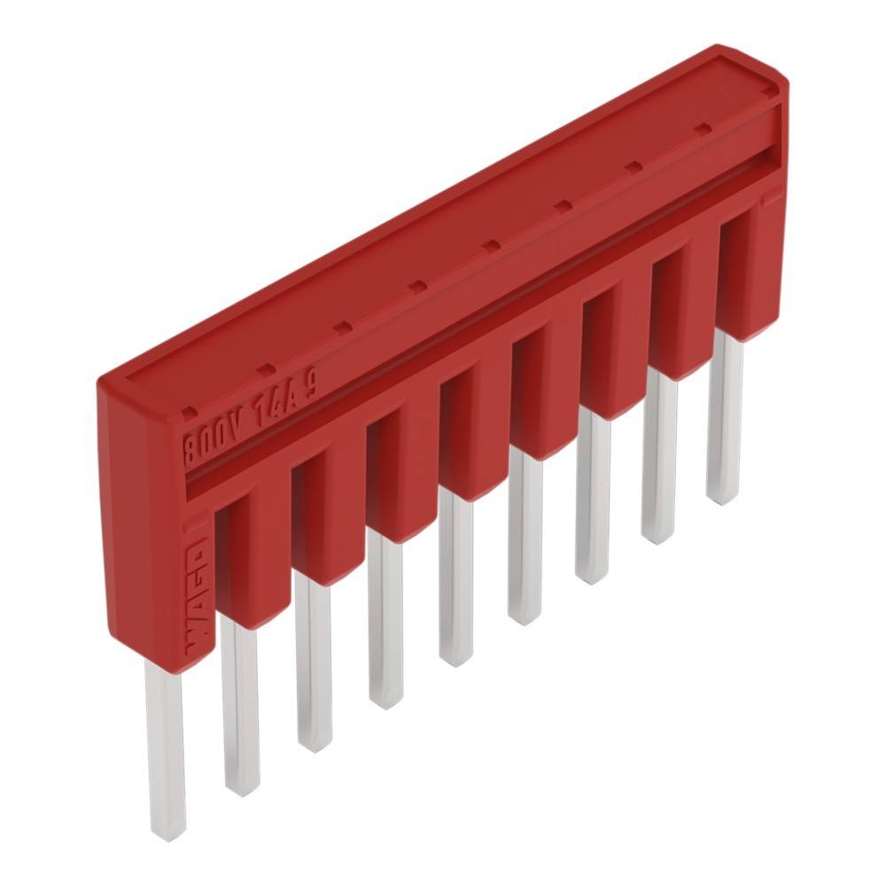 Roter DIP-Schalter mit acht Kippschaltern, alle in der Ausschaltposition. Unten sind Metallstifte sichtbar, die zum Anschluss an eine Leiterplatte dienen.