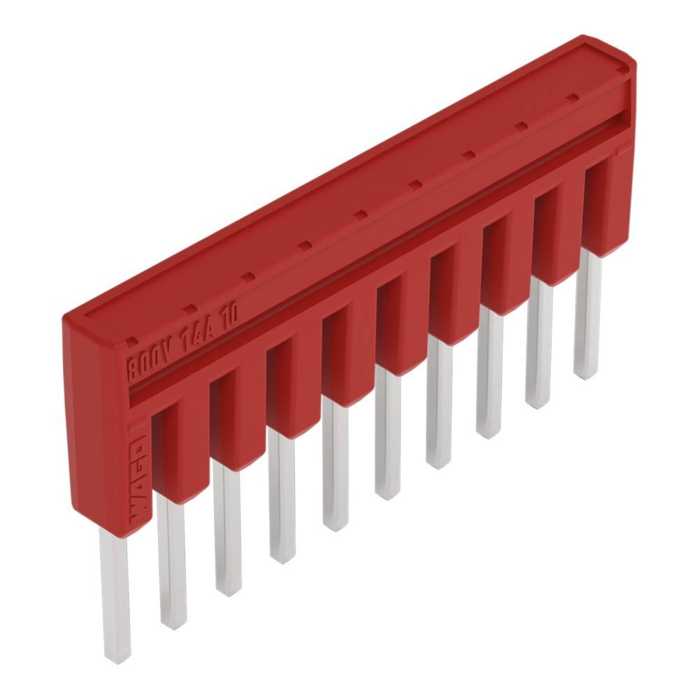 Roter Stiftleisten-Verbinder mit zwei Reihen und 10 Pins, der häufig für elektronische Schaltungsverbindungen verwendet wird.