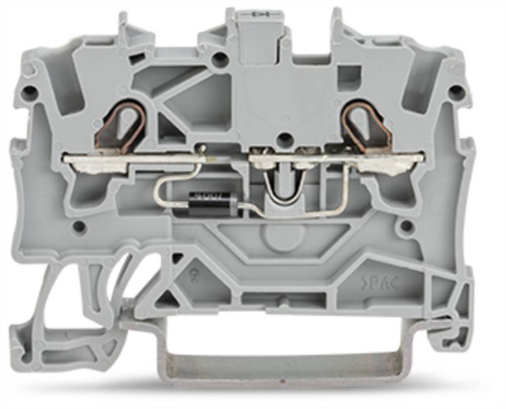 Ein grauer modularer Klemmenblock mit kompaktem Design, ausgestattet mit schraubenlosen Anschlüssen und zwei Kupferdrähten, die in ihn eingeführt sind.