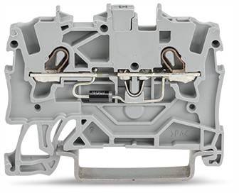 Ein grauer elektrischer Anschlussblock mit zwei Metallkontakten und Schrauben zur Drahtverbindung, verwendet in elektrischen Verbindungen und Schaltschränken.