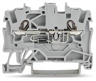 Eine detaillierte Nahaufnahme eines grauen Elektro-Anschlussklemmenblocks, die die internen Metallverbinder und Komponenten für Verdrahtungsverbindungen zeigt.