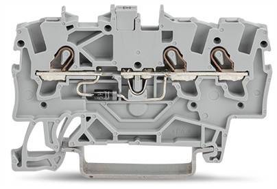 Ein grauer elektrischer Klemmenblock mit drei Kupferleitern und einer komplexen Innenstruktur, entwickelt für industrielle Verdrahtungsanwendungen.