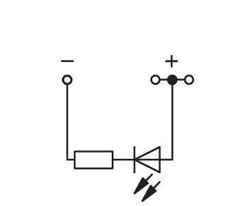 Eine grundlegende elektrische Schaltungsskizze, die einen Widerstand und eine Diode in Reihe zeigt. Die Schaltung umfasst eine Stromquelle mit negativen und positiven Anschlüssen.