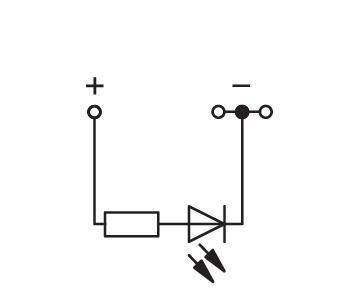 Schaltplan, der einen Widerstand und eine Diode zeigt, die einen LED-Schaltkreis mit markierten positiven und negativen Anschlüssen bilden.