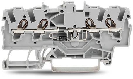 Ein grauer elektrischer Anschlussblock mit Metallverbindern und Schraubenbefestigungen, der zum Verbinden und Sichern von elektrischen Leitungen in Schaltkreisen verwendet wird.