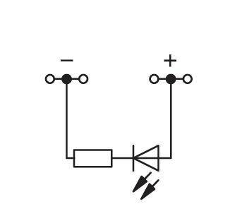Diagramm einer Leuchtdioden-Schaltung (LED) mit einem in Reihe geschalteten Widerstand.