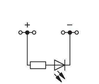 Schaltplan einer LED mit einem Widerstand und einer Diode, der die positiven und negativen Anschlüsse für den elektrischen Stromfluss zeigt.