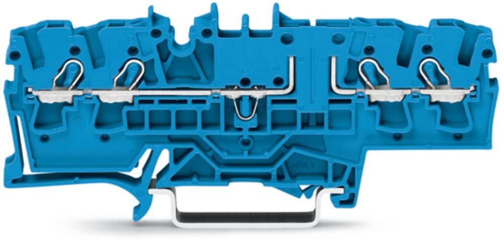 Ein blauer elektrischer Klemmenblock mit freiliegenden Metallkomponenten, der die internen Verbindungen und Struktur zur Übertragung elektrischer Signale zeigt.