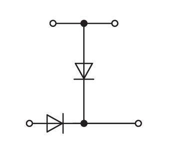 Schematische Darstellung eines Schaltkreises mit einer Diode und einem Transistor, die in Reihe geschaltet sind. Die Diode befindet sich unten links und der Transistor in der Mitte.