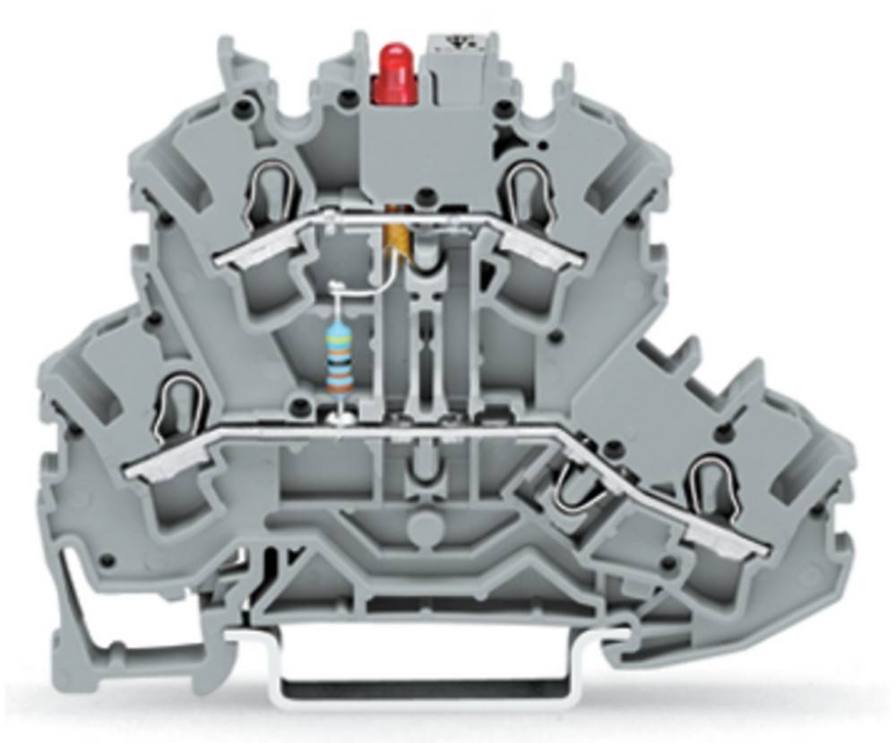 Querschnitt eines grauen Klemmenblocks, der die interne Verkabelung mit Metallstreifen, Widerstand und Anschlusspunkten zeigt, der für elektrische Schaltkreise konzipiert ist.