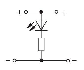Elektrisches Schaltkreissymbol, das eine Diode und Widerstände in Reihe zeigt, wobei die Stromrichtung durch die Diode angegeben wird.