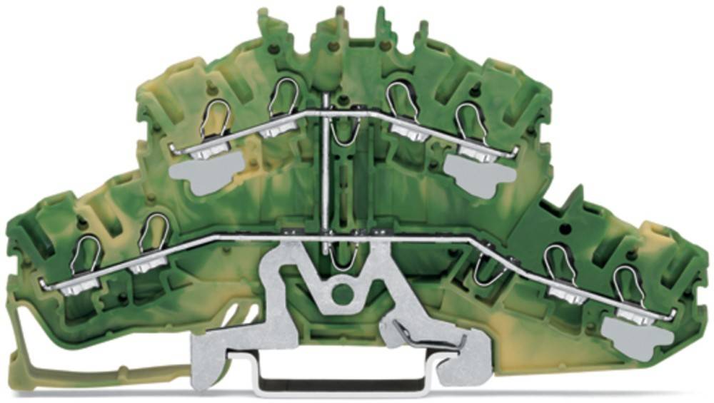 Ein grüner und metallener Klemmenblock mit Anschlusspunkten, der üblicherweise in der elektrischen Verkabelung zum Organisieren und Sichern von Stromkreisverbindungen verwendet wird.