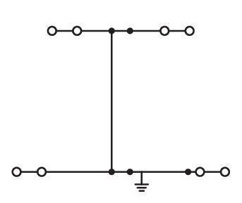 Eine einfache elektrische Schaltkreiszeichnung, die eine horizontale Linie zeigt, die mit vertikalen Linien verbunden ist, mit Verbindungspunkten und einem Erdungssymbol am unteren Rand.