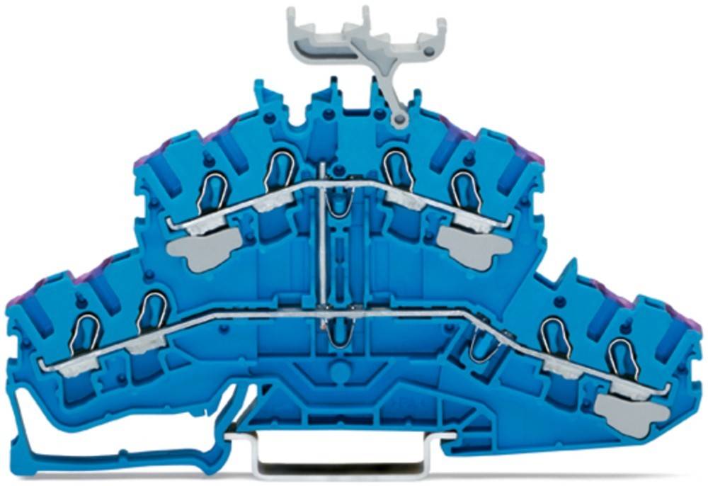 Querschnitt eines blauen modularen Endblocks, der die interne Verdrahtung und Verbindungspunkte für elektrische Schaltkreise zeigt.
