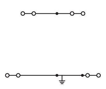 Schematische Darstellung einer elektrischen Schaltung mit zwei parallelen Drähten, die vier Verbindungspunkte und ein Massesymbol auf dem unteren Draht aufweisen.