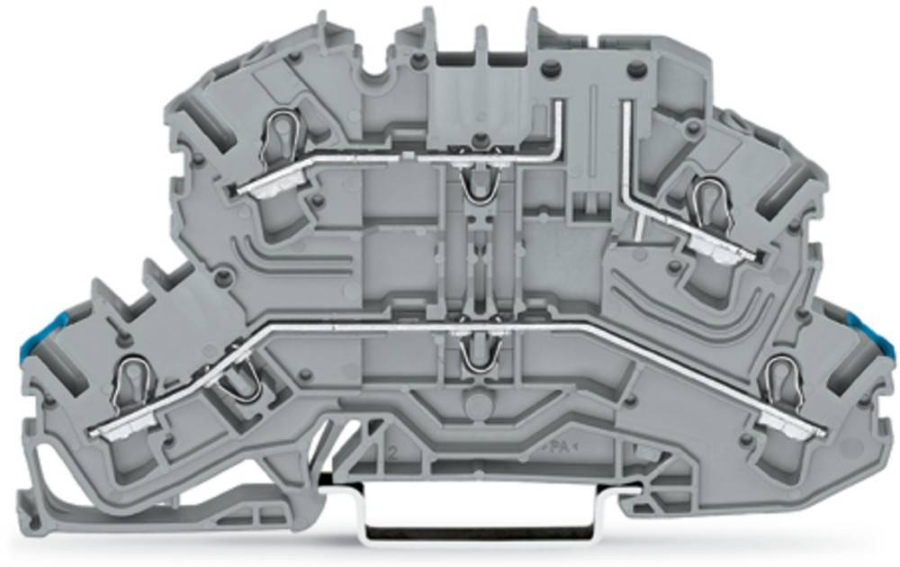 Ein grauer elektrischer Anschlussklemmenblock mit sichtbaren Metallverbindern, konzipiert für die Sicherung elektrischer Verbindungen in Steuerungspanels.