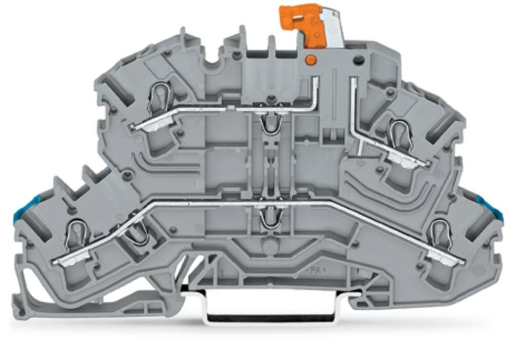 Ein grauer elektrischer Anschlussblock mit mehreren Anschlusspunkten und einem kleinen orangefarbenen Hebel oben, der für Verdrahtung und Schaltkreise verwendet wird.