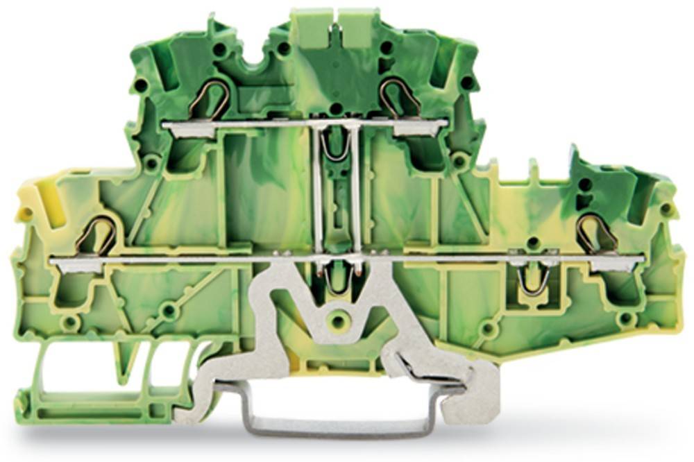 Eine Nahaufnahme eines grünen elektrischen Klemmenblocks mit sichtbaren inneren Metallkomponenten, die sein modulares Design und Verbindungsmechanismus präsentiert.