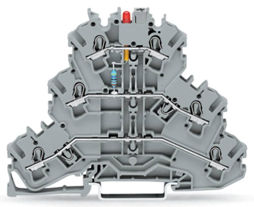 Nahaufnahme eines Querschnitts eines grauen Elektro-Klemmblocks mit internen Strukturen, einem sichtbaren Widerstand und Drahtverbindungen.