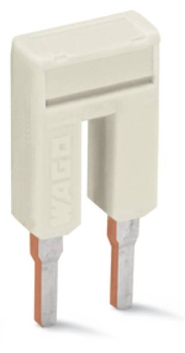 Ein beiger rechteckiger elektrischer Stecker mit zwei Metallzinken, die nach unten herausragen. Das Wort 'WAGO' ist seitlich eingeprägt.
