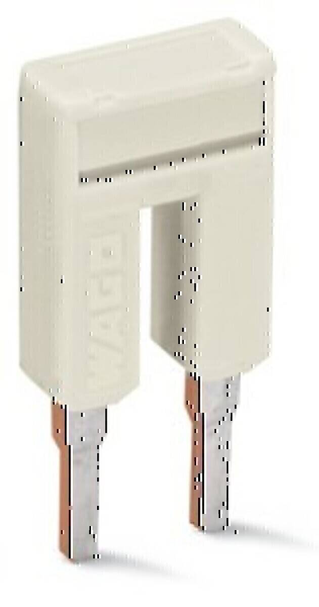 Zweipoliger weißer Elektrostecker mit sichtbaren Kupferkontakten, auf seinem Gehäuse mit 'WAGO' gekennzeichnet. Wird für sichere elektrische Verbindungen verwendet.