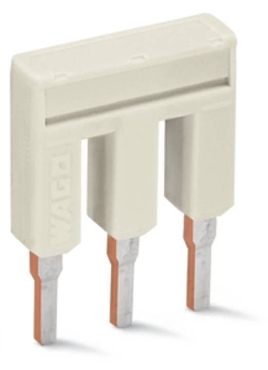 Ein beiger elektrischer Verbinder mit drei Kupferstiften, seitlich mit 'WAGO' beschriftet, ist für sichere Drahtverbindungen in Schaltkreisen konzipiert.