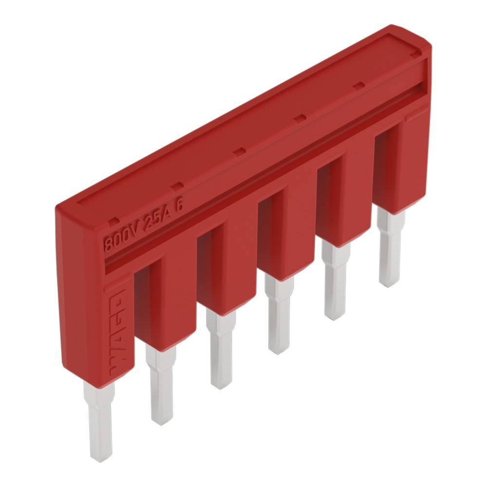 Eine rote elektrische Komponente mit der Beschriftung '800V 25A 6', die sechs Metallstifte aufweist, wahrscheinlich als Verbinder in elektronischen Schaltkreisen verwendet.