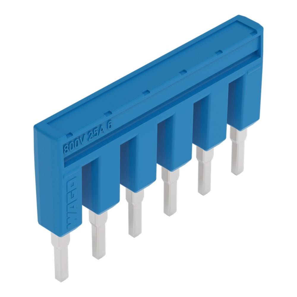 Eine blaue elektrische Komponente mit sechs Metallstiften, beschriftet mit '800V 25A'. Es handelt sich um einen Verbinder oder eine Sammelschiene, die in elektrischen Schaltkreisen verwendet wird.