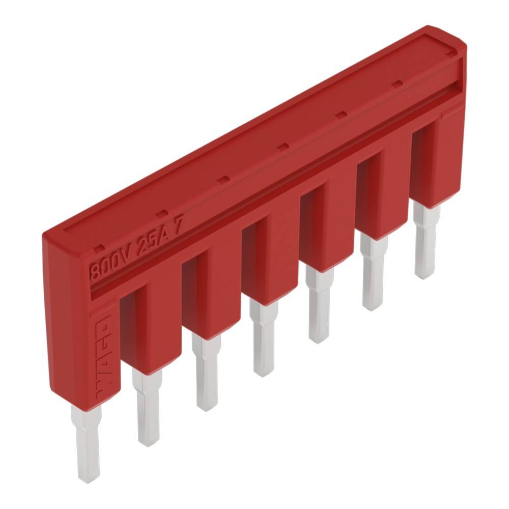 Ein roter elektrischer Anschluss mit sechs Metallstiften, gekennzeichnet mit 800V 25A