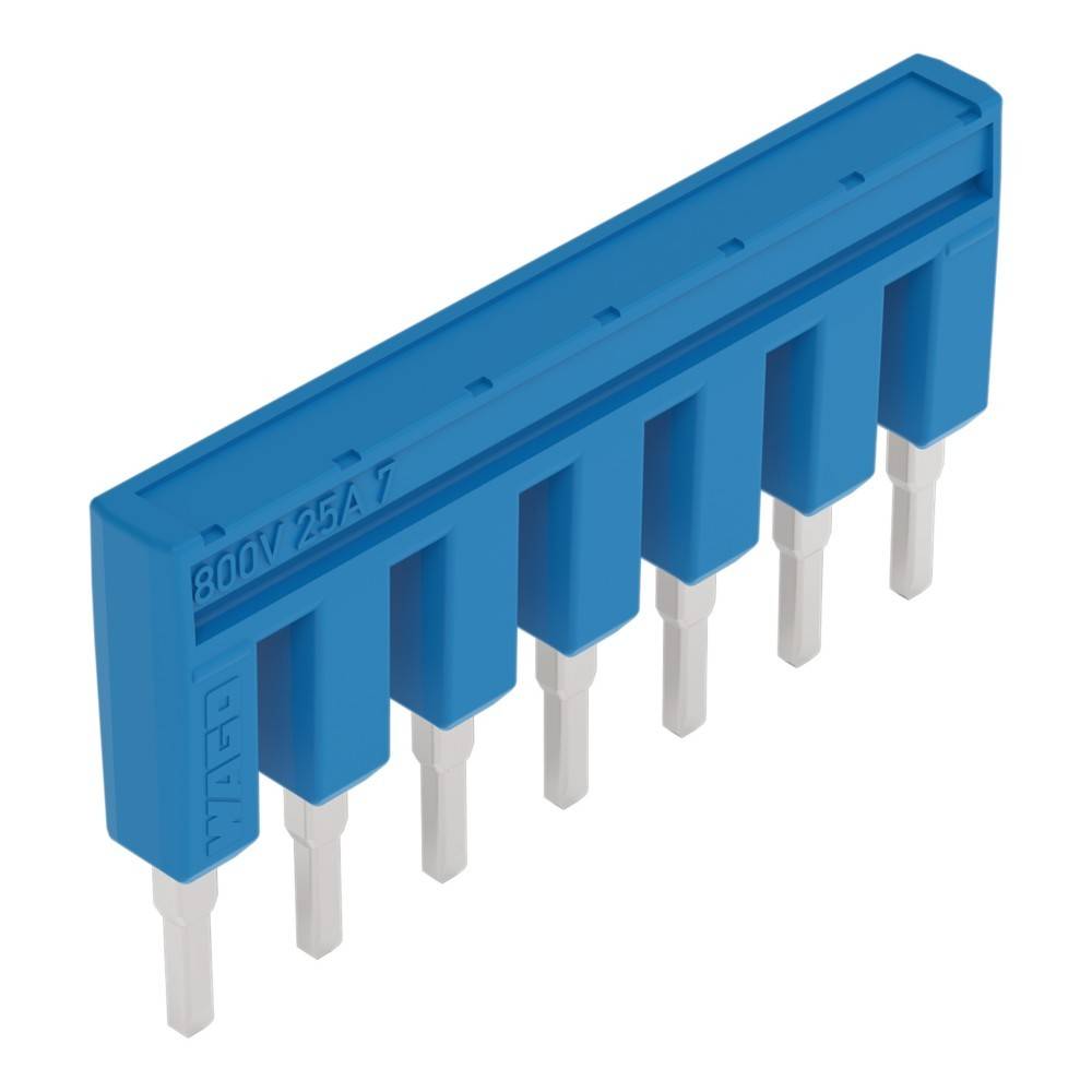 Ein blauer, rechteckiger elektrischer Stecker mit sechs Metallstiften, beschriftet mit „800V 25A