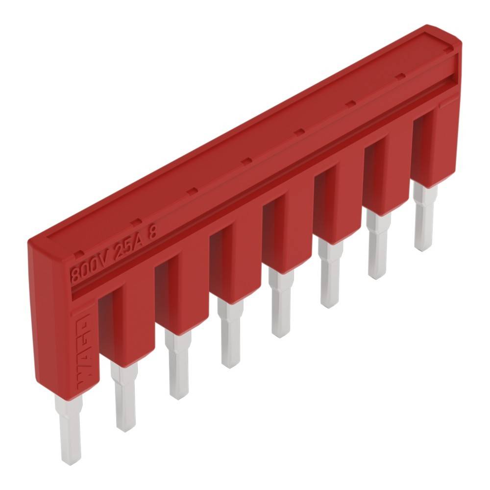 Eine rote, rechteckige elektrische Komponente, genannt Sammelschiene, mit acht silbernen Pins, die hervorstehen, die typischerweise zur Stromverteilung verwendet wird.