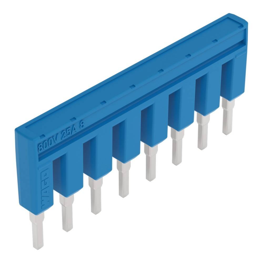 Ein blauer elektronischer Anschluss mit acht Pins, beschriftet mit '600V 25A 8', der für elektrische Schaltkreise verwendet wird.