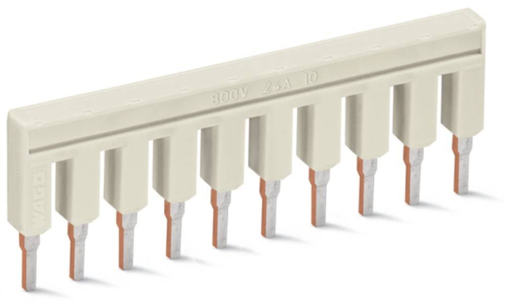 Eine beige elektrische Sammelschiene mit mehreren Kupferklemmen ist mit '800V 24A 10' beschriftet. Sie ist für die Stromverteilung in einem Stromkreis ausgelegt.