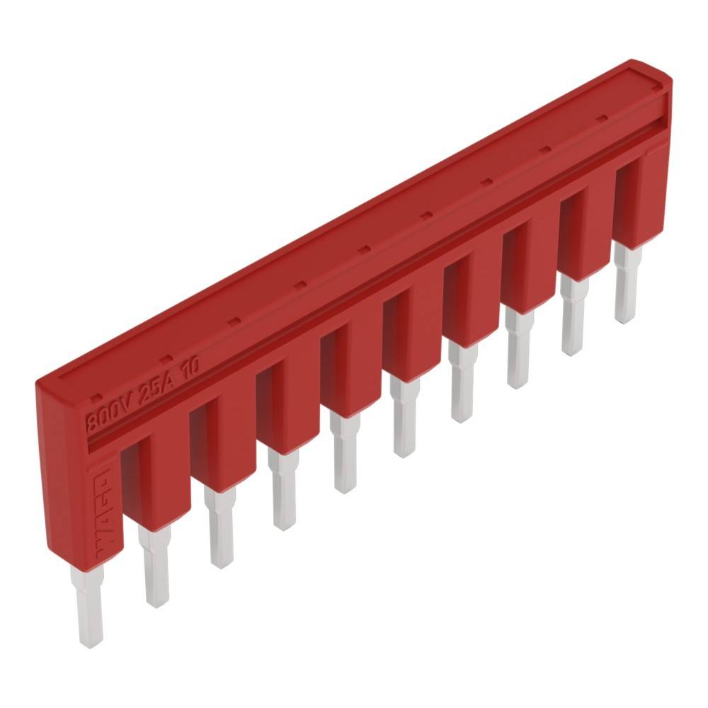 Eine rote elektrische Komponente mit zehn Metallstiften, beschriftet mit '300V 2A 10'.