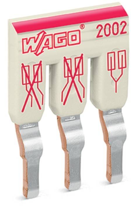 Nahaufnahme eines Wago-Verbinders mit drei Metallstiften und einem beigen Kunststoffgehäuse mit roten schematischen Symbolen auf der Oberseite.