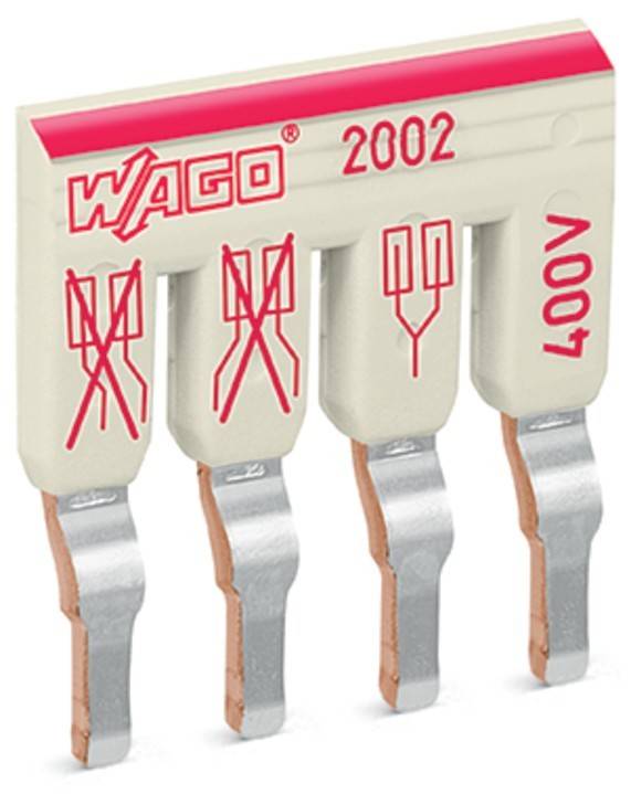 WAGO 2002 beschrifteter Anschlussblock mit vier Metallverbindern und einer seitlich angegebenen Spannungsbezeichnung von 400V.