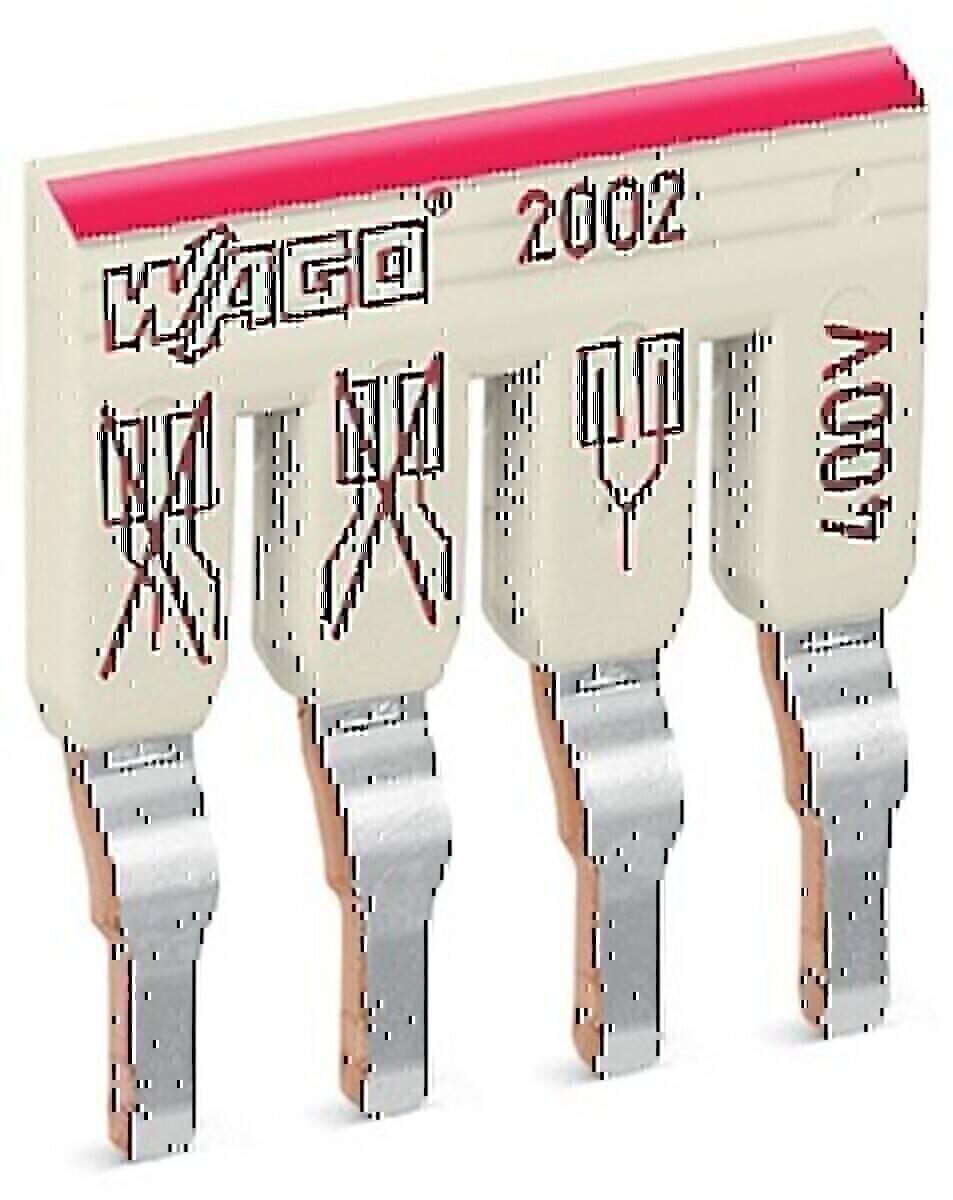 Weißer elektrischer Stecker mit vier Metallstiften, beschriftet mit 'WAGO 2002 400 V.