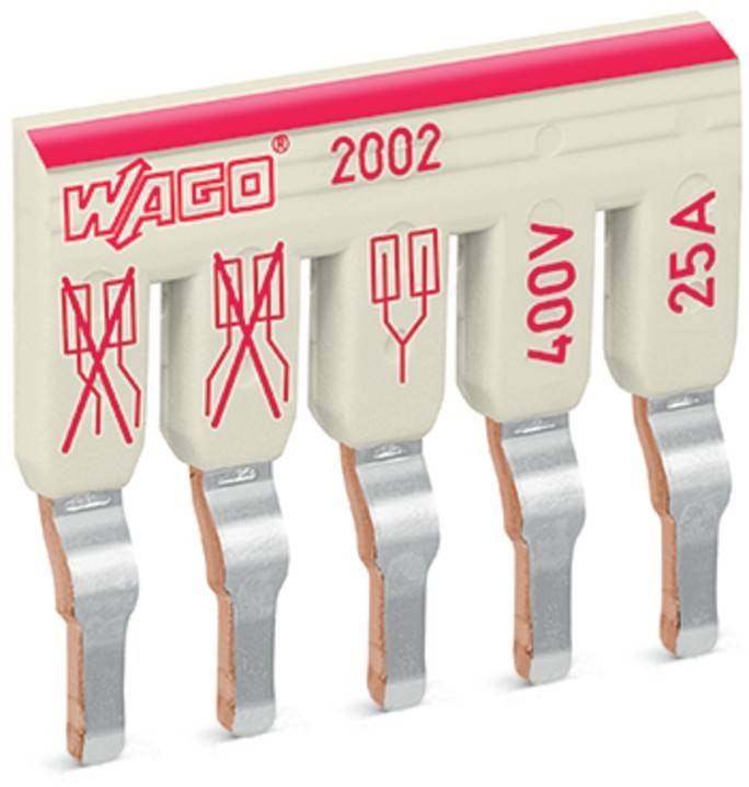 WAGO Elektroanschlussblock, Modell 2002, mit Spezifikationen '400V' und '25A', mit vier Anschlusspunkten.