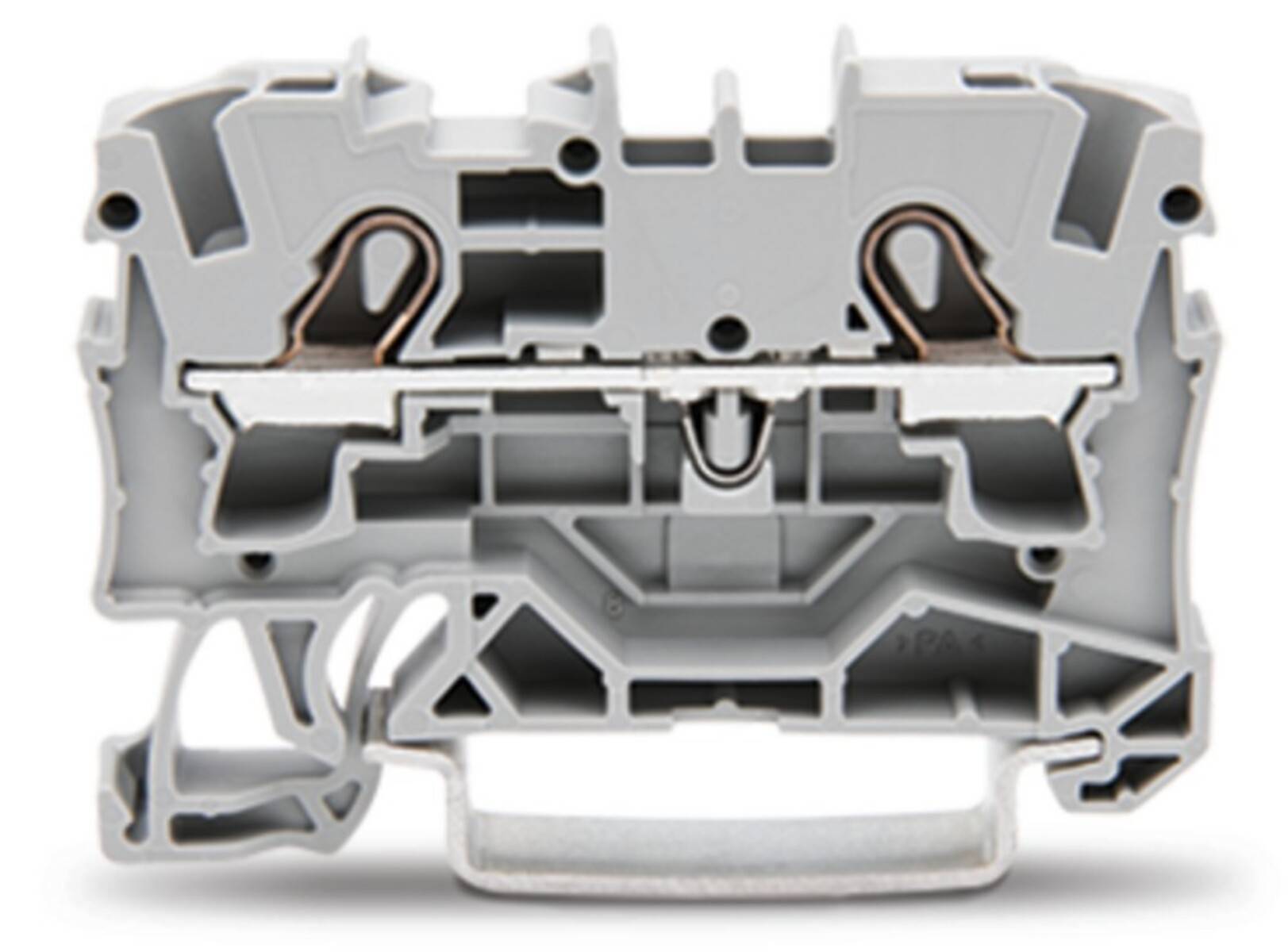 Eine Nahaufnahme eines grauen, Kunststoff-Elektroklemmenblocks, die dessen komplexe innere Struktur und Anschlusspunkte zeigt.