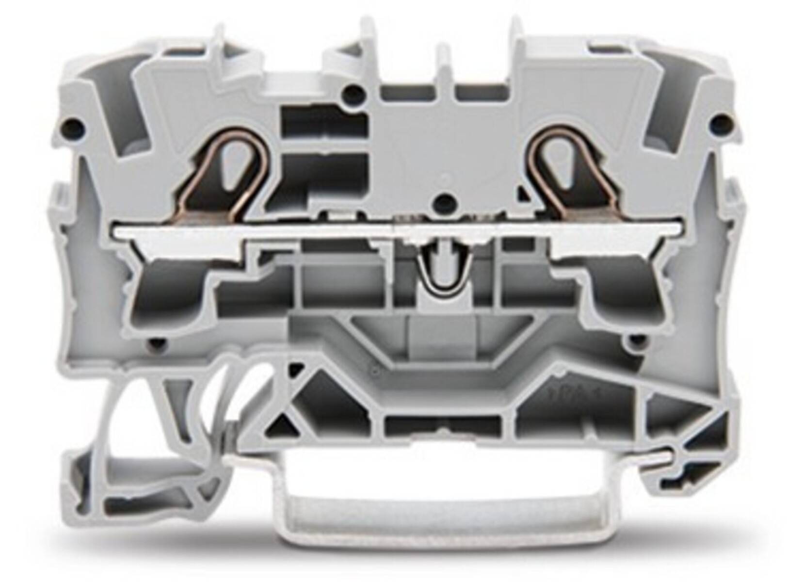 Eine Nahaufnahme eines metallisch grauen elektrischen Anschlussklemmenblocks mit zwei Schraubanschlüssen und sichtbaren inneren Metallkomponenten.