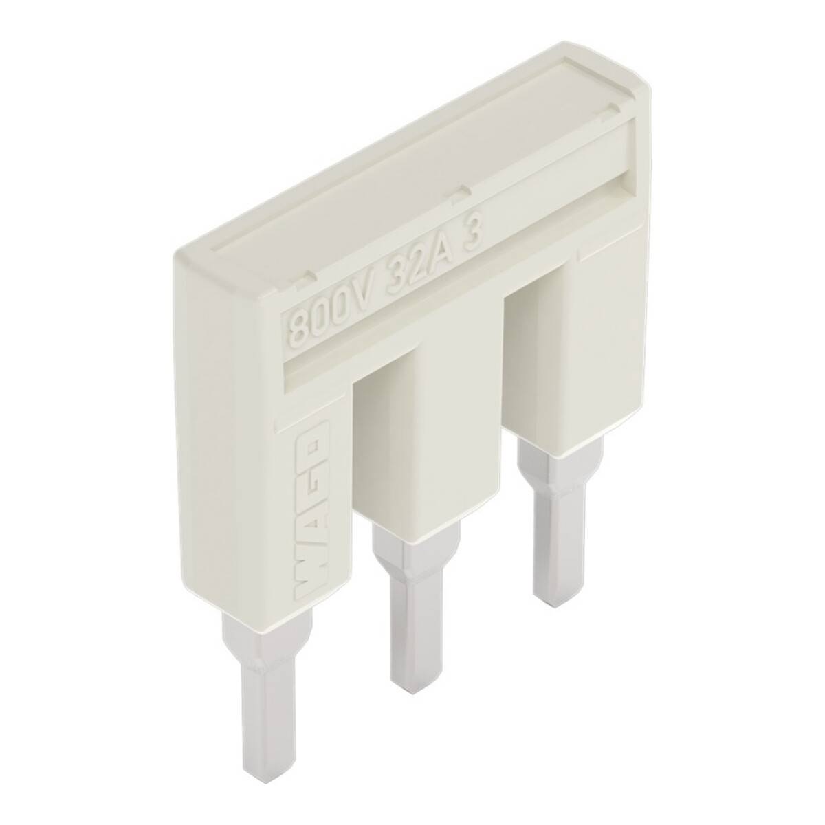 Ein weißer Anschlussblock mit drei Metallstiften, beschriftet mit '800V 32A' für elektrische Verbindungen.