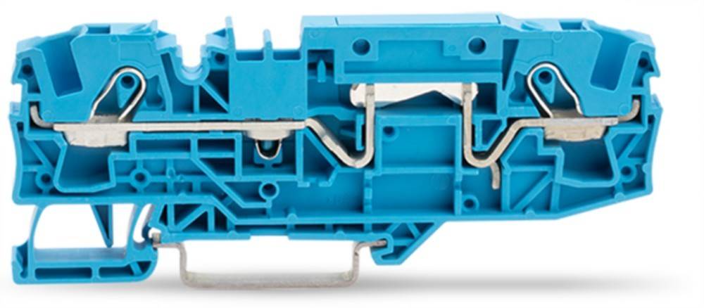 Blaue Plastik- und Metall-Elektroklemme, verwendet zum Verbinden von Drähten in einer Schaltung. Verfügt über ein kompaktes Design und eine Montageklammer.