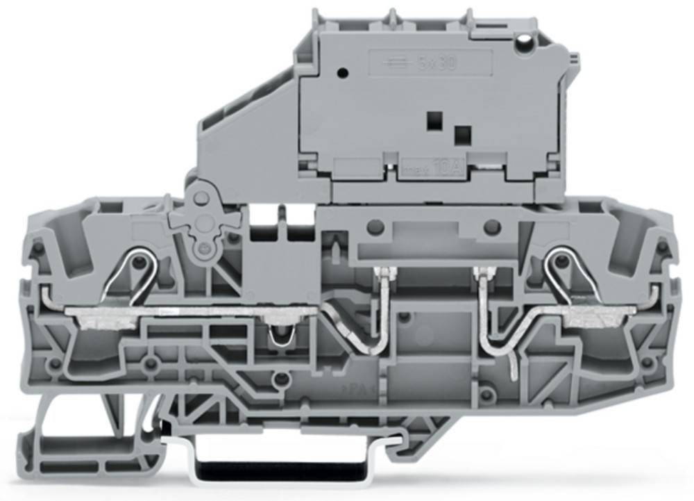 Eine graue industrielle elektrische Komponente, höchstwahrscheinlich ein Klemmenblock, mit komplexen Verdrahtungskanälen und sichtbaren Anschlüssen in einer Nahaufnahme von der Seite.