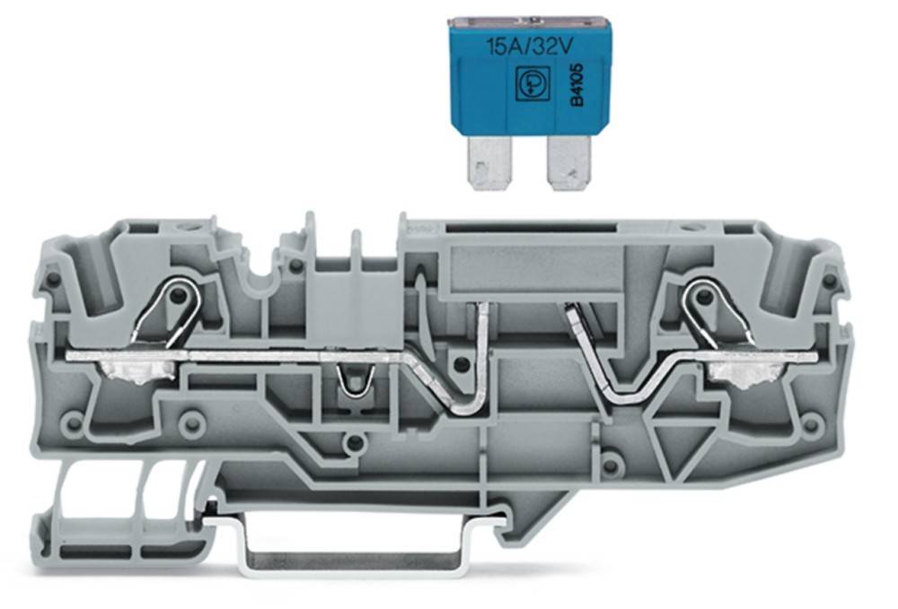 Eine blaue 15A/32V-Sicherung und ein grauer Sicherungshalter mit sichtbaren inneren Metallkontakten, ausgelegt für den elektrischen Leitungsschutz.