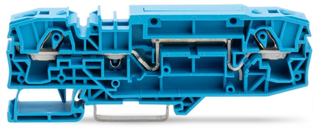 Querschnitt einer blauen elektrischen Komponente, die interne Verdrahtung und Metallkontakte zeigt und das strukturelle und funktionale Design veranschaulicht.