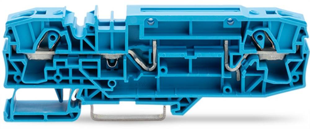 Eine Nahaufnahme eines blauen Plastik-Reihenklemmenblocks, der detaillierte Rillen und Metallverbindungen zeigt, der bei elektrischen Installationen verwendet wird.