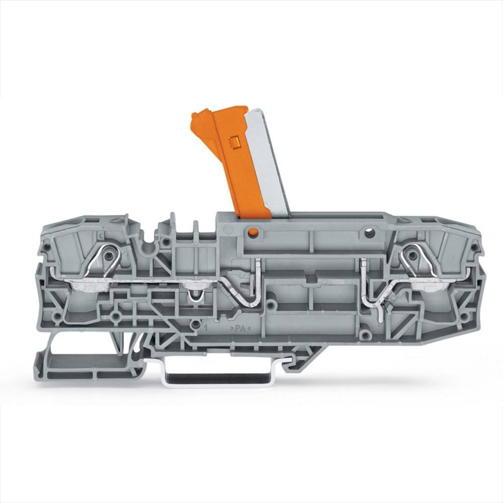 Ein grau-orangefarbener Elektroklemmenblock mit komplexer Innenstruktur, der zum Verbinden und Sichern elektrischer Leitungen verwendet wird.