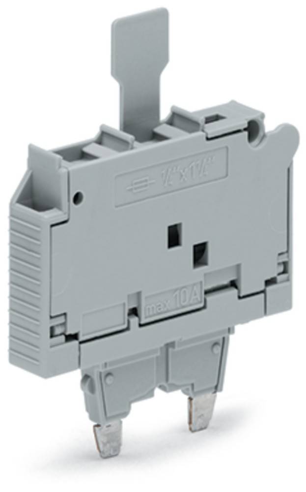 Eine Nahaufnahme eines grauen elektrischen Anschlussklemmenblocks mit der Beschriftung 