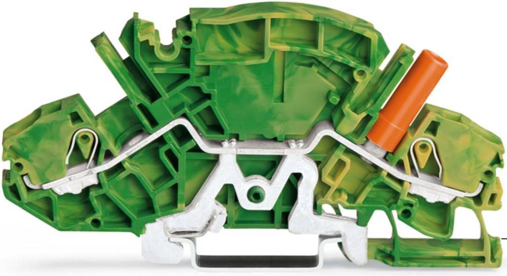 Querschnittsansicht eines grünen Plastik-Klemmblocks mit internen Verbindungen und Komponenten.